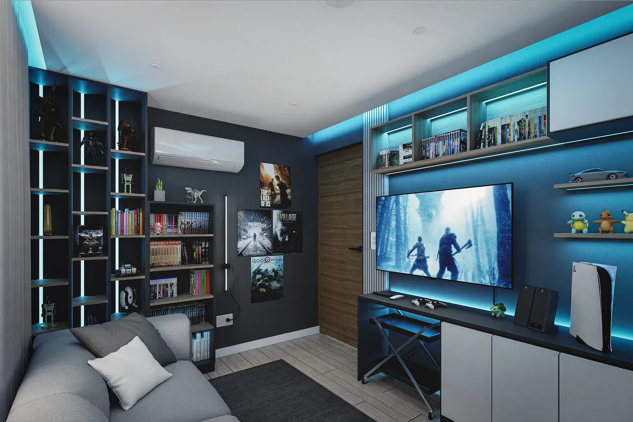 interior design, home office, desk setup, modern interior, bedroom, study, set up gamer, desk gaming, desk, architect, game, computer, design, videogame, gamer, playstation, videogames, entertainment, technology, pc, monitor, desktop, gaming, ps5, render